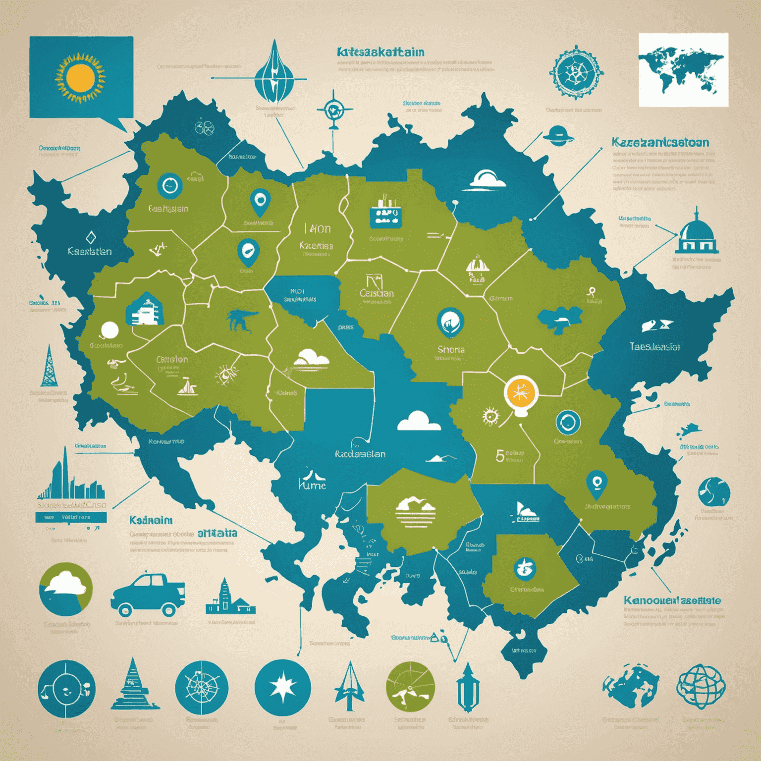 Изображение, показывающее карту Казахстана с иконками технологий и стартапов